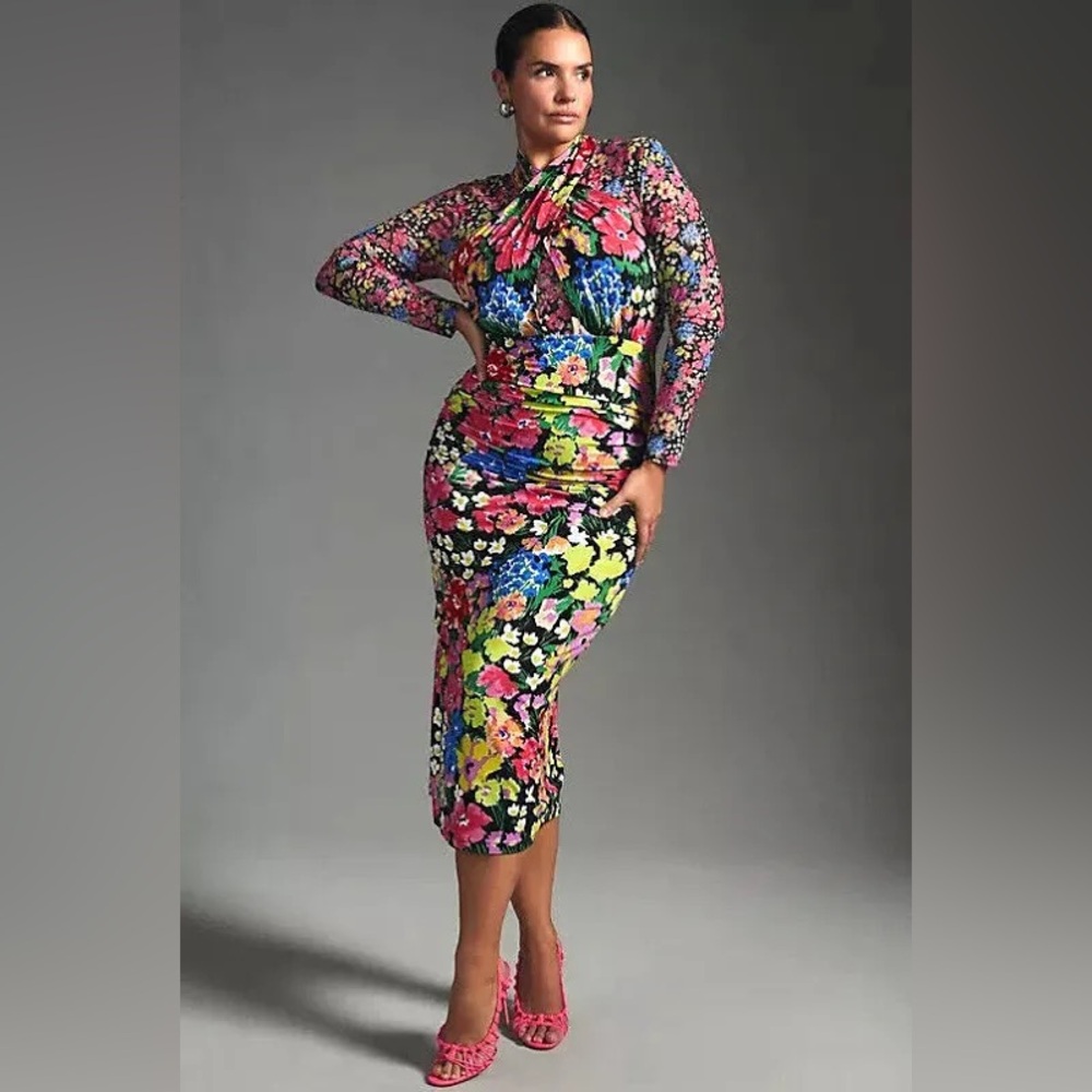 Anthropologie Mesh Halter Mock-Neck Dress Floral Bodycon Midi Size XL NWT